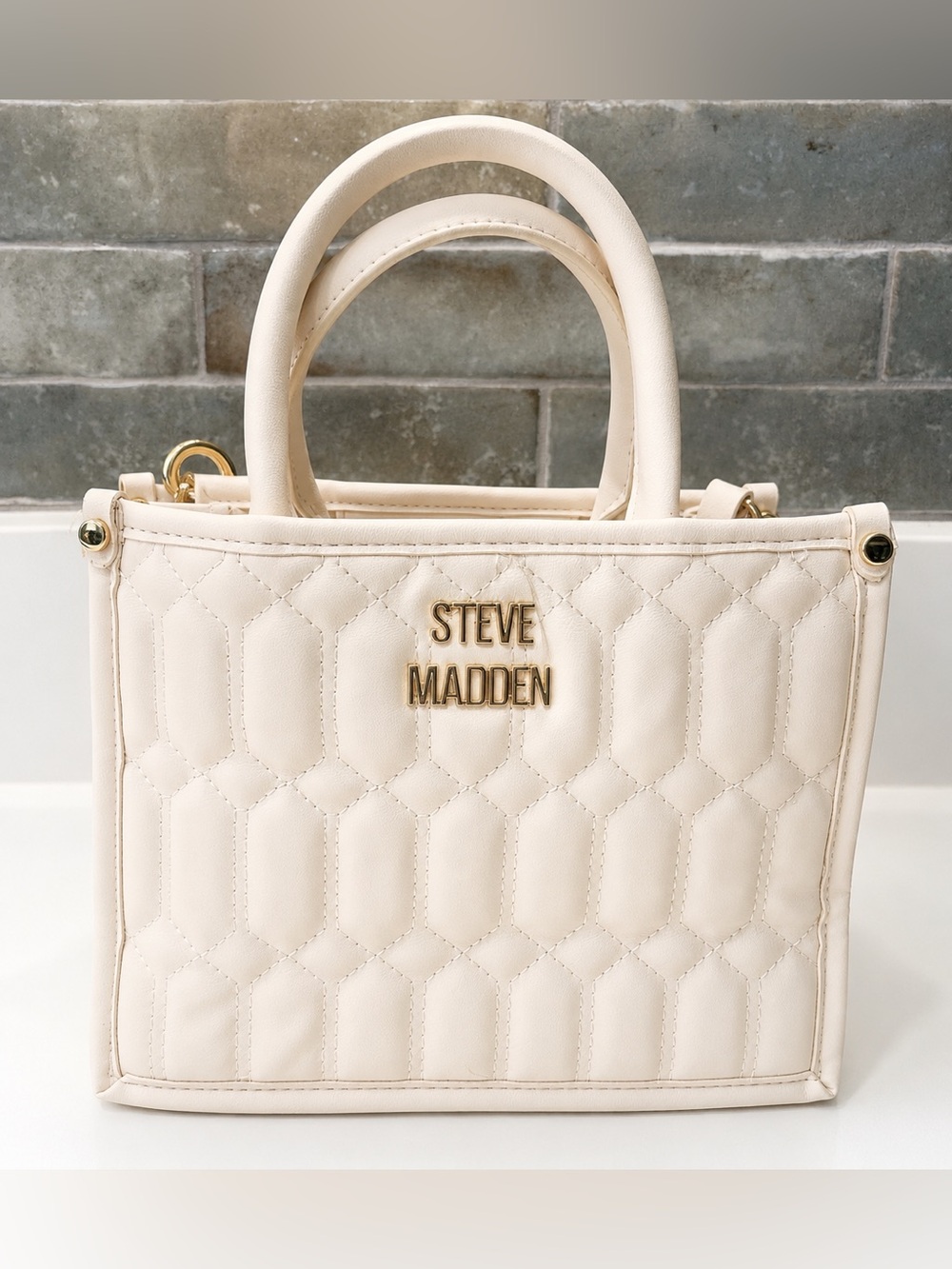 Steve Madden Cream Quilted Mini Satchel Crossbody Bag Gold Hardware